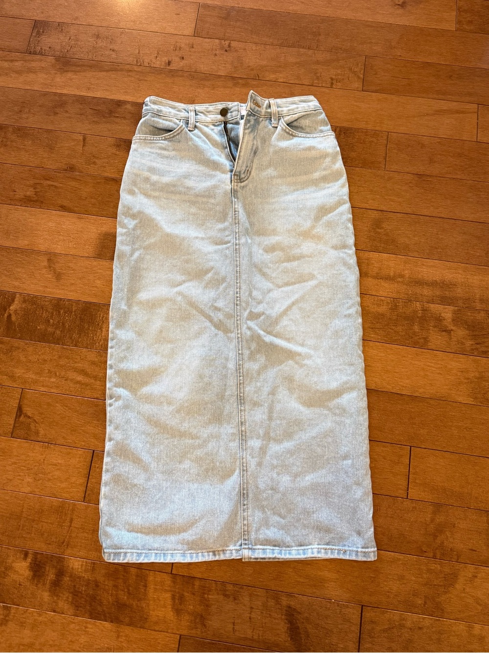 OAK + FORT Light Wash Denim Midi Skirt